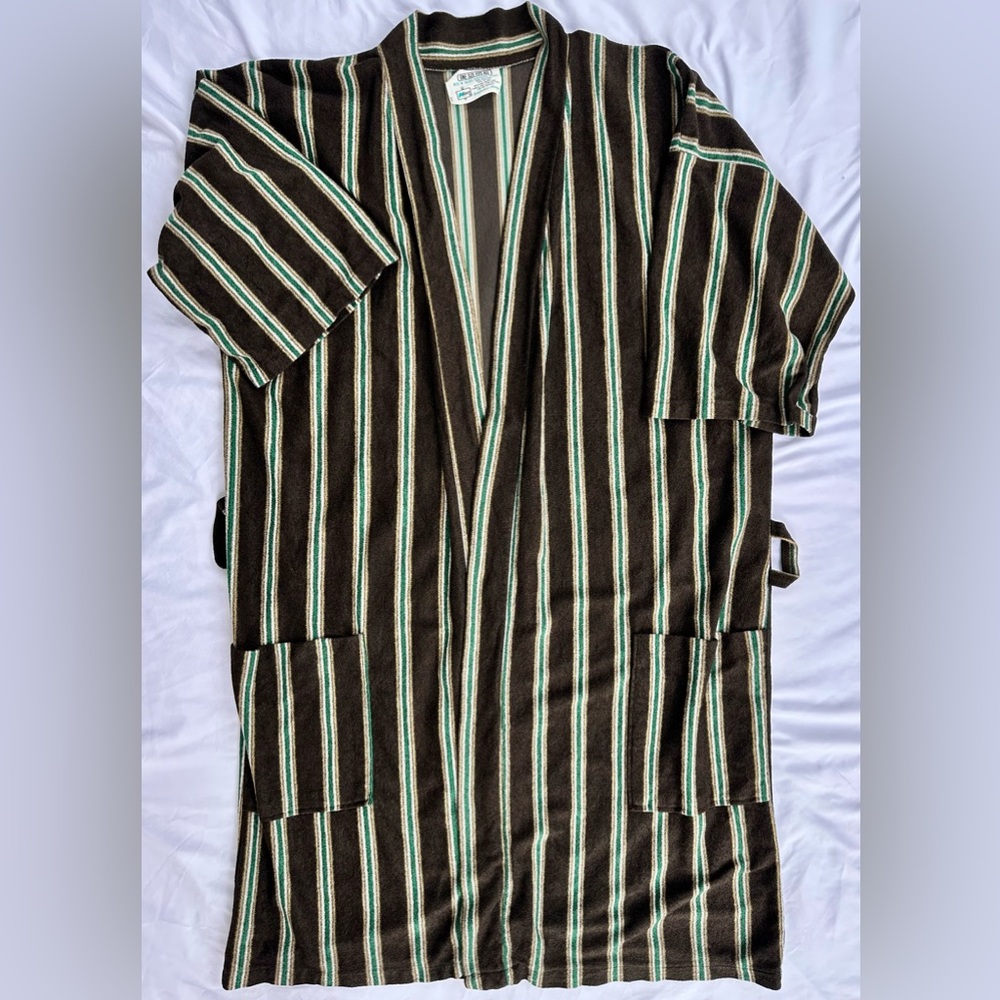 VINTAGE His n Hers Kimono Sz. XS/S - Brown Velour Robe with Green, White Stripes